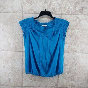 Blue Teal Old Navy Ruffled Shirred Tie Neck Short Sleeve Shirt Top Womens Size S